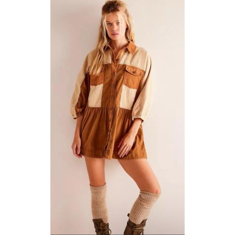 Free People Dress Mini Wild Roads Brown Button-down Puff Sleeve Babydoll XS NWT